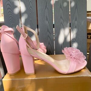 Perphy Flower Open Toe Ankle Strap Block High Heel Pink Sandals for Women